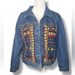 VTG Chico's Design Embroidered Beaded Southwestern Aztec Denim Jacket Sz 3